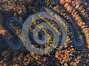 Aerial view of a serpent road at Cheia, Romania