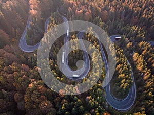 Aerial view of a serpent road at Cheia, Romania