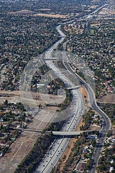 Aerial view of a serpentine on a freeway in Los Angeles County