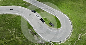 Aerial view of Serpentine Hairpin Road in the Alps on Passo Giovo