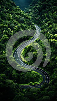 Aerial View Of Serpentine Road Through Lush Tropical Rainforest