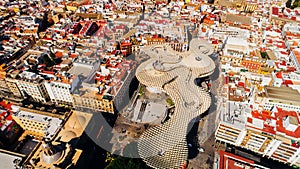 Aerial view of Setas de Sevilla- Metropol Parasol structure at the La EncarnaciÃ³n square.Most beautiful mirador, siteseeing