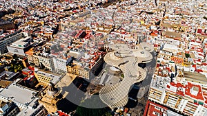 Aerial view of Setas de Sevilla- Metropol Parasol structure at the La EncarnaciÃ³n square.Most beautiful mirador, siteseeing