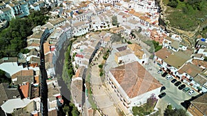 Aerial view of Setenil de las Bodegas, Andalusia. It is famous for its dwellings built into rock overhangs above the