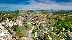 Aerial view of Setenil de las Bodegas, Andalusia. It is famous for its dwellings built into rock overhangs above the river