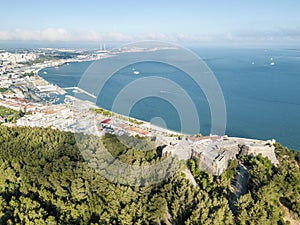 Aerial view of Setubal with fortress in the forest, Portugal photo