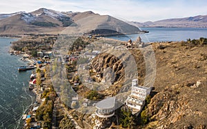 Aerial view of Sevanavank Monastery complex on the lake Sevan