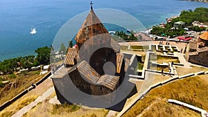 Aerial view of Sevanavank monastery complex, old architecture in Armenia