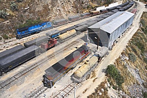 Aerial view of several railway wagon trains with goods at the railway station, Aerial view. Matucana - Peru