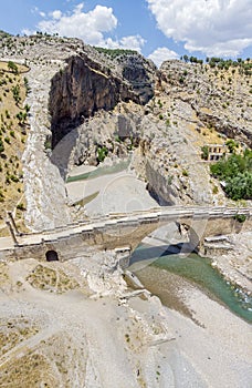 Aerial view of the Severan Bridge, Cendere Koprusu is a late Roman bridge, close to Nemrut Dagi and Adiyaman, Turkey