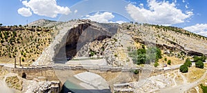 Aerial view of the Severan Bridge, Cendere Koprusu is a late Roman bridge, close to Nemrut Dagi and Adiyaman, Turkey