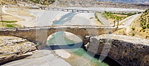 Aerial view of the Severan Bridge, Cendere Koprusu is a late Roman bridge, close to Nemrut Dagi and Adiyaman, Turkey