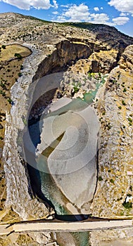 Aerial view of the Severan Bridge, Cendere Koprusu is a late Roman bridge, close to Nemrut Dagi and Adiyaman, Turkey