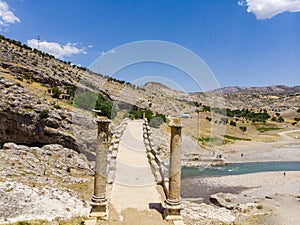 Aerial view of the Severan Bridge, Cendere Koprusu is a late Roman bridge, close to Nemrut Dagi and Adiyaman, Turkey