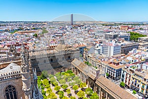 Aerial view of Sevilla from la giralda tower with bullfighting arena and Torre Sevilla, Spain