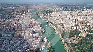 Aerial view of Seville cityscape and the Guadalquivir river, Spain