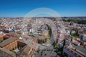 Aerial View of Seville and Plaza Virgen de Los Reyes Square - Seville, Andalusia, Spain