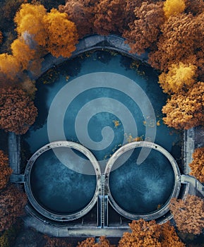 Aerial View of a Sewage Treatment Plant at Dusk Featuring Circular Tanks