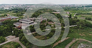 Aerial view of sewage treatment plant. Industrial water treatment for big city from drone view.