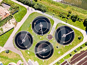 Aerial view of sewage treatment plant.  Industrial water treatment. Ecosystem and healthy environment concepts.