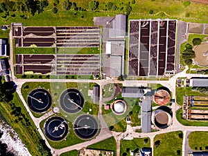 Aerial view of sewage treatment plant.  Industrial water treatment. Ecosystem and healthy environment concepts.