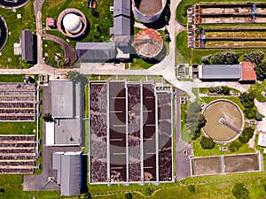 Aerial view of sewage treatment plant.  Industrial water treatment. Ecosystem and healthy environment concepts.
