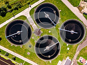 Aerial view of sewage treatment plant. Industrial water treatment. Ecosystem and healthy environment concepts.