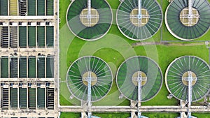 Aerial view sewage treatment plant near downtown