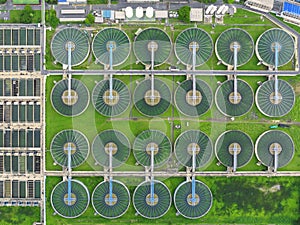 Aerial view sewage treatment plant near downtown