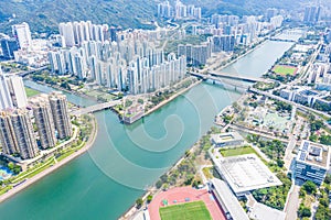 Aerial view of Sha Tin district. New territories in Hong Kong, daytime photo