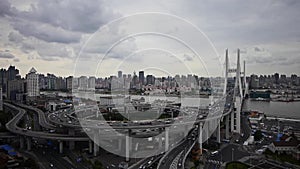 Aerial view of shanghai nanpu overpass traffic.