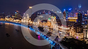 Aerial view Shanghai at night  The Bund, The Bund in Shanghai is a famous waterfront area in central Shanghai at night, China