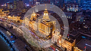 Aerial view Shanghai at night  The Bund, The Bund in Shanghai is a famous waterfront area in central Shanghai at night, China