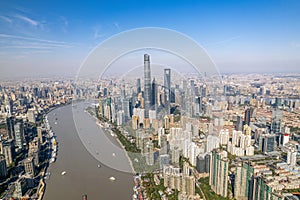 Aerial view of Shanghai skyline and modern buildings with the Huangpu River, China.