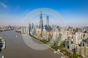 Aerial view of Shanghai skyline and modern buildings with the Huangpu River, China.