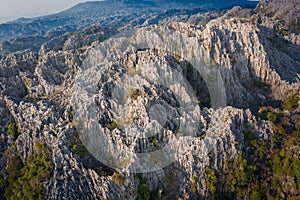 Aerial view of sharp limestone mountains in Noen Maprang District, Phitsanulok Province, Thailand