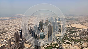 Aerial view of Sheikh Zayed road Skyscrapers and landmarks - Dubai city roads and Towers high view from Burj Khalifa