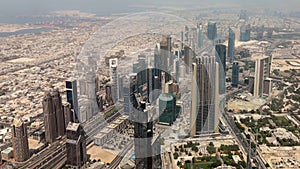 Aerial view of Sheikh Zayed road Skyscrapers and landmarks - Dubai city roads and Towers high view from Burj Khalifa