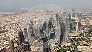 Aerial view of Sheikh Zayed road Skyscrapers and landmarks - Dubai city roads and Towers high view from Burj Khalifa