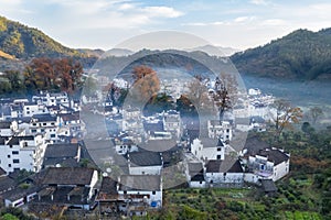 Aerial view of shicheng village in late autumn