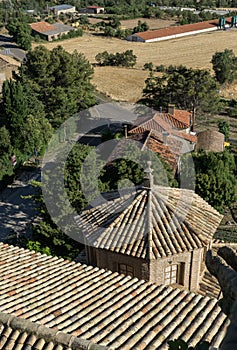 Aerial view of Shingle roof tile chapel and Church San Esteban built in the 18th century the village Loarre Aragon