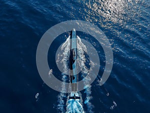 Aerial View of a Ship Cruising the Deep Blue Sea