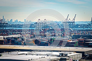Aerial view of the Port of Newark Elizabeth Marine terminal with the NYC skyline in the background photo