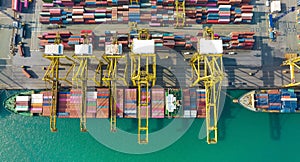 Aerial view of shipping industry which  the business of habor transport of Container Cargo ship  background with the earth globe