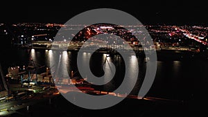 Aerial view shipping port at night