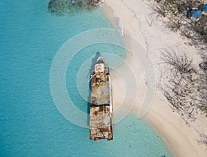 Aerial view of shipwreck on the beach in Grand Turk