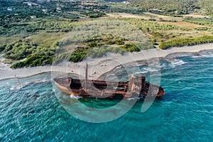 Aerial view of Shipwreck Dimitrios in Gythio Peloponnese, in Greece