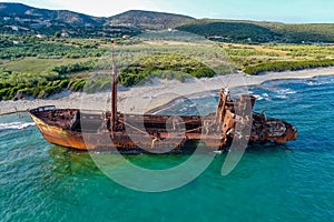 Aerial view of Shipwreck Dimitrios in Gythio Peloponnese, in Greece