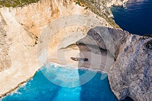 Aerial view of Shipwreck in epic Navagio beach bay on Zakynthos Island, Greece. Summer vacation travel concept