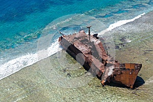 Aerial view of the shipwreck site of MV Ever Prosperity ship, Monrovia, Liberia. Coral sea, New Caledonia, Oceania.